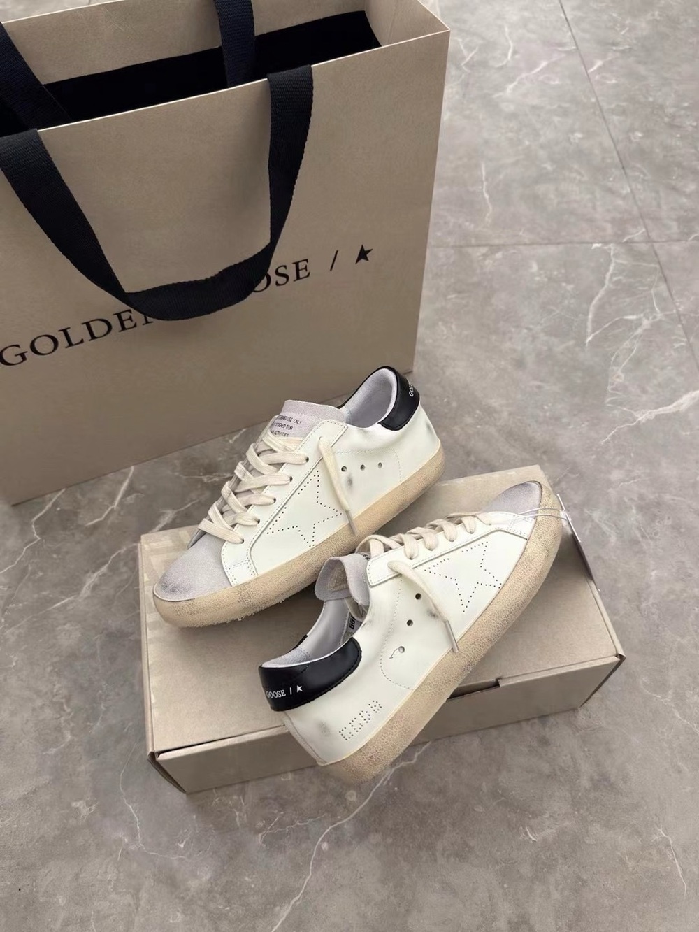 Golden Goose White Leather Sneakers with Black Heel and Gray Accents